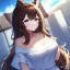 Placeholder: Clear focus, High resolution, Long fluffy brown hair, blue eyes, wearing a white skirt, detailed outfit, wearing a jacket oversized off shoulder, rough line, hair above ears, dog ears, off shoulder white shirt