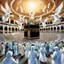 Placeholder: The scene in Mecca: People wearing white Ihram clothes, men without head coverings, women with veils, circumambulating around the Kaaba, and above them are transparent white spirits of children, men, and women with wings revolving around the Kaaba.