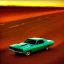 Placeholder: muscle car, desert road, sunset, full colour,