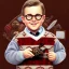 Placeholder: Peter billingsley chubby kid Tortoise-shell glasses, Holding a ((dark red soap)) in his hand, brown argyle sweater