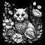 Placeholder: colorless tayra between seeds and big flowers black background .black and white colors. for a coloring. with grayscale