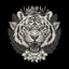 Placeholder: The picture is a black and white image of a tiger's head. The tiger has its mouth open and is showing its teeth. There are some leaves and a flower around the tiger's head. The image is on a white background.. Vintage T Shirt Design And Vector Illustration.Vector t shirt design on a white background