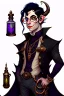 Placeholder: Young tiefling nobleman scientist with black hair horns and large reptilian tail steampunk jewelry and potion bottles in the style of Charles Addams