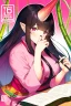 Placeholder: Cute Japanese girl, with pink eyes, a only horn on left side of head, dressed in her pink kimono and a black haori, black long hair with reddish tips, a piece of bamboo covering her mouth, drawing manga style, vibrant colors, in a manga book cover