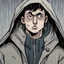 Placeholder: a closeup of a bored psychopathic young man no eyes in a heavy coat during a rainstorm cartoon