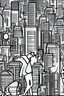 Placeholder: hand-drawn smoking man on a rooftop overlooking a detailed city with streets, building and skyscrapers in the style of stick-figure
