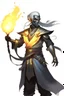 Placeholder: Male Air genasi fra d&d with black skin smoke some hair an Asian skin holding a Flaming spire