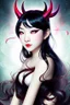 Placeholder: Beautiful devil asian girl with devil horns on her head, with brown eyes, detailed, looking at the camera, princess