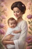 Placeholder: A mother holding a baby with love and compassion, great quality picture show flowers in the background in a romantic scene . 8K, a happily motherhood