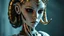 Placeholder: an automaton, doesn't have horns,a beautiful mechanical female demon, beautiful curves, made of ivory porcelain skin, with bronze gold trims, doll-like features, dressed in classical greek clothes, empty black eyes and unexpressive face, full figure, photorealism,face showing deep contemplation, highly detailed, cinematic lighting, Ray tracing