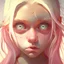 Placeholder: girl with a third eye on her forehead, cute, kind, creative, with a pink strand, blonde, sunshine