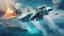 Placeholder: fighter jet shoots at passenger plane while flying over the ocean