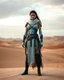 Placeholder: Dune Movie fullbody stand on the desert Young Woman Warrior futuristic clothing deep blue eyes in Dune Movie Character