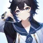 Placeholder: Genshin woman, Clear Focus High resolution, Calm Background, Light skinned woman, Black long beatiful hair, Dark blue sparkling eyes, Very Beatiful Face, Splash art, Cute Scene, Wearing a sailor uniform