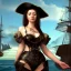 Placeholder: hyper realistic, young cute girl, short black air, green eyes, dressed a steampunk pirate, bra with carved leather, Tintoretto ships in background. salvador dalì style. high details, meteor shower. 4k, unreal engine