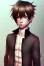 Placeholder: anime boy with short brown hair with split bangs, black outfit