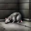 Placeholder: one single mature homeless rat with worn out clothes, sleeping in a corner on the street, Vienna, mourning, model style, hyper realistic, extremely accurate, delicate, extremely detailed, Graphic novel style, wide-angle, open aperture, superfine pencil