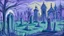 Placeholder: A purple graveyard filled with ghosts near a mansion painted by Edvard Munch