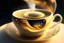 Placeholder: A universe swirling in a beautiful gold rimmed porcelain coffee cup, with planets, stars, steam, masterpiece, in sunshine