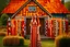 Placeholder: Full body shot of a tall slim pretty, red-headed young woman, dressed in a long flowing colourful dress, standing in front of a row of cottages and shops with thatched roofs, casting runes in the air