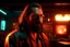 Placeholder: 4k full details. maximum lights. Portrait animateur radio the big lebowski cyberpunk, incendie en arrière plan