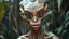Placeholder: Plano general, hiperrealista, ultra HD, de un alien humanoide mujer, con rasgos mayas, tatuajes tribales, piel cobriza texturizada, cráneo alargado, joyas tribales ojos grandes, almendrados, pupilas redondas y oscuras, nariz pequeña y ancha, fosas nasales pequeñas, labios finos, orejas puntiagudas. fondo de la figura entorno selvático.