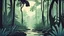 Placeholder: a front view of an art in surreal animations style that shows a jungle at night
