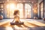 Placeholder: cute chibi yoga girl in sunshine, yoga room, watercolor and black ink outlines, sparkling golden glitter, ethereal, cinematic postprocessing, bokeh, dof