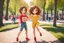 Placeholder: a cute chibi spanish man with short curly brown hair cropped at the back in yellow T-shirt and jeans with a cute chibi contented girl with long brown hair and brown eyes in a red elegant jumpsuit and red high heels, and a chibi girl with blonde brown hair in a beige dress dancing dynamically in Madrid in the Retino park, in sunshine, ethereal, cinematic postprocessing, airplane in the sky