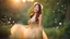 Placeholder: A gorgeous smiling Asian model in a fairy outfit in a wood with 1000 y/o trees, a small torrent and dandelion seeds in the air at sunset