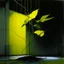 Placeholder: Minimal abstract oil painting of a large leaf plant in concrete warehouse brutalist architecture and hanging wires illuminated at night. With triadic yellow colours. In the style of Justin Mortimer and Phil Hale, Ashley Wood