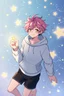 Placeholder: An androgynous young man with tousled pink hair and golden eyes floating among the stars wearing a light blue hoodie and black board shorts. He is smiling softly and holding a star in one hand. Realistic