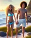 Placeholder: full body image of a beautiful 12 year old girl and a beautiful 12 year old boy with long, blonde curly hair and light blue eyes, smiling, shirtless, in front of an distant beach, 8k