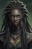 Placeholder: generate a dungeons and dragons character portrait of a female beast-human with black skin, dreadlocks, green piercing eyes, fangs and a thick nose. She is wearing black clothes and has tusks