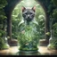 Placeholder: a lttle cat symmetrically centered, secures itself within a transparent glass bottle,contrasting with the wealth of verdant flora encasing it. teems within the confines, leaves, stems, and petals vie for space, an intricate greenery around the elefant. The glass bottle itself, clear captures the spectacle with a kind of crystalline magnification effect art by greg rutkowski, sarah kay and mark keathly