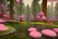 Placeholder: Fantasy dreamworks forêt maison dans les grands arbres avec champignons roses et une rivière bordée de grandes fleurs roses, lumiere volumetrique, unity engine, HQ