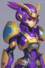 Placeholder: A Genderless Cyborg made of metal, has a human like face with a long violet ponytail, the cybord is wearing armor similar to Megaman Omega. The color palatte of the armour is deep purple and yellow.