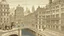 Placeholder: Illustration of a cityscape with a river in the foreground, featuring several large buildings with a uniform architectural style, characterized by multiple windows and a grid-like facade. The buildings are colored in muted tones of beige, brown, and gray, with black outlines defining their shapes. In the foreground, there are two stone lion statues resting on a ledge, their reflections visible in the water. The river reflects the buildings and the sky, creating a symmetrical effect. A small boat