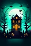 Placeholder: "Create an AI logo design for Halloween with a haunted twist. Picture a spooky house surrounded by eerie mist and moonlight. Add playful elements like ghostly figures, bats, and a jack-o'-lantern on the doorstep, capturing the essence of a ghostly Halloween night."
