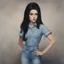 Placeholder: Priscilla presley, long straight black hair, , big blue eyes, jeans, ,in the style of Margaret Keane