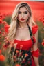 Placeholder: Beautiful russian girl, blonde hair, bold lipstick, wild color full flower field, braided bangs, braided bobcut, solo, apron,thick thighs, side-tie panties, black hair, 18yo,(on back:1.2) ,red dress, portrait