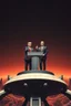 Placeholder: Trump and Mark Zuckerberg on spaceship podium in the style of Giger and Escher