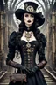 Placeholder: adult, woman, necklace, steampunk hat, delicate features, unique style, pale skin tone, dark eyes, dark lipstick, regal rebell-steampunk dress, dark dress, black elbow gloves, long hair, holding an mecha-cotton bag, ethno steampunk style, whimsical vibe, high detalied, realistic, cinematic, random background