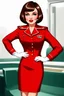 Placeholder: realistic cartoon style full body image of very feminine, dark brown haired 50 year old stewardess in red dress uniform with short bob cut and strong, seductive makeup, smoky green eyes, highly shiny white plastic gloves, big thick pouty bright red lips, who looks a lot like Marilyn Monroe as brunette