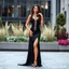 Placeholder: very beautiful lady with makeup long curly hair pretty prances jeweled maxi dress high heels, full body posing_to_camera in a modern city garden