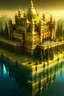 Placeholder: a golden school floating over water. with diamonds on top. The school sparkles. There are guards around the school with magical spears. The school is surrounded by a forest.