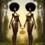 Placeholder: Biologically Female sexy African American Twins, black skin, tall and slender, long afro kinky hair,big brown eyes, long eyelashes warrior wear. Big butts. Gold accents on clothing. Surround by trees. Holding golden spears. Starry night