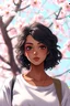 Placeholder: twenty eight year old Indian brown girl with short black curly hair, dark brown eyes with casual clothes style, full body, from head to toe, best quality, digital painting, 4k, sharp focus, intricate texture, skin imperfections, cherry blossom background. , interactive novel style,bokeh, professional, anime clean drawing,Your Name, 4k, highly detailed, clear lighting, beautiful lighting