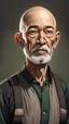 Placeholder: A sixty-year-old man, round and innocent face, short gray beard, small brown eyes with dark circles, completely bald, thoughtful expression, oriental features, dressed in a black shirt, beige pants with green suspenders and white sports shoes. Well-lit, high-definition hyper-realistic style.