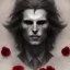 Placeholder: Mystery scary VAMPIRE LESTAT.Ambiance dramatique, dramatic lighting, volumetric lighting, hyperrealisme, 8k, high quality, lot of details, fit within portrait , black and red roses , the vampire teeth , anna dittman